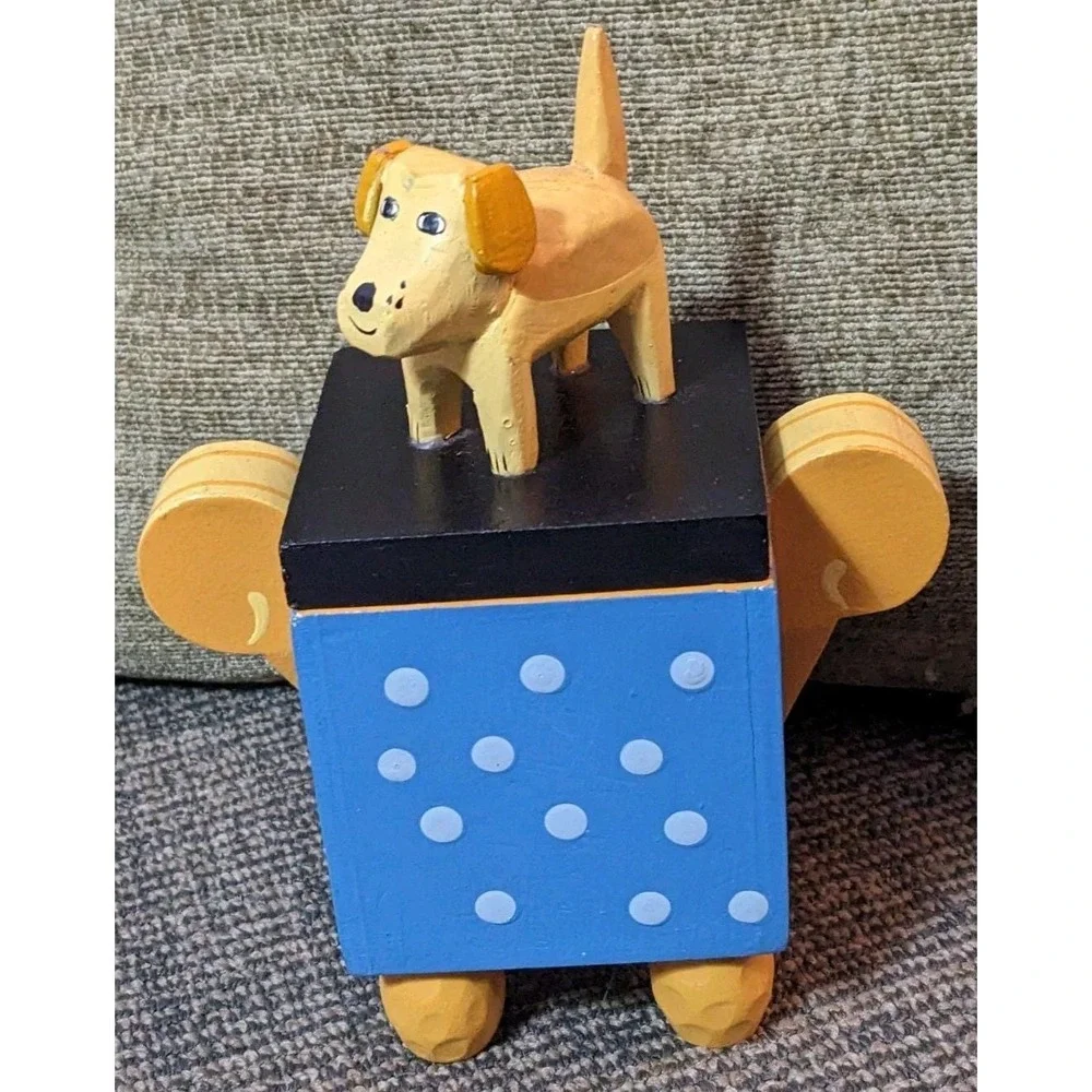Vtg Wood Trinket Box Yellow Dog Figural Whimsical Hand Painted Susan Ryan 6